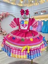 Vestido Infantil Junino Caipira Arraiá Pink Colorido Luxo - Tamanho P a G