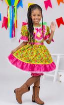 Vestido Infantil Junino Caipira Arraiá Verde e Pink Florido Colorido