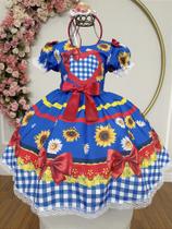 Vestido Infantil Junino Caipira Festas Azul Colorido Girassol - Tamanho P a G