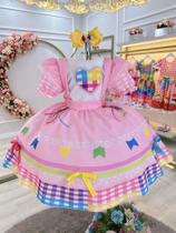 Vestido Infantil Junino Caipira Festas Rosa Colorido Luxo