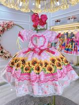 Vestido Infantil Junino Caipira Folia Girassol Xadrez Rosa - Tamanho P ao GG Vestido Infantil Junino Caipira Folia Girassol Xadrez Rosa - Tamanho P ao GG