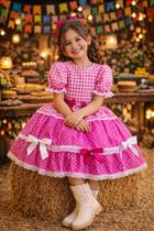 Vestido Infantil Junino Caipira Pink Xadrez com Laços Decorativos