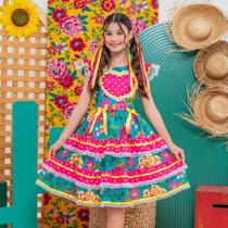Vestido Infantil Junino Coração e Flores Pink e Verde Turquesa Polly Kids Tamanho da Roupa:6 anos Vestido Infantil Junino Coração e Flores Pink e Verde Turquesa Polly Kids Tamanho da Roupa:6 anos