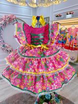 Vestido Infantil Junino Festa São João Caipira Pink Florido Vestido Infantil Junino Festa São João Caipira Pink Florido