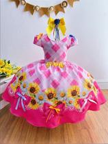 Vestido Infantil Junino Festa São João Xadrez Rosa Girassol - Tamanho P, M e G Vestido Infantil Junino Festa São João Xadrez Rosa Girassol - Tamanho P, M e G