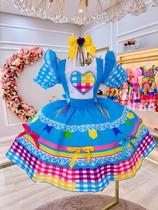 Vestido Infantil Junino Festas Azul Colorido Luxo