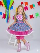 Vestido Infantil Junino Festas Azul Florido e Brilho