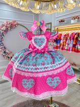 Vestido Infantil Junino Rosa Chiclete Colorido Luxo Festas Vestido Infantil Junino Rosa Chiclete Colorido Luxo Festas