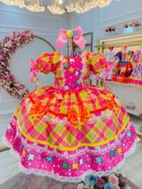 Vestido Infantil Junino Rosa Chiclete Xadrez Colorido Luxo