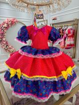 Vestido Infantil Junino Vermelho e Azul Colorido Florido RO1035AV Vestido Infantil Junino Vermelho e Azul Colorido Florido RO1035AV