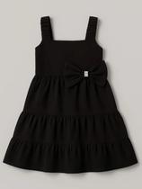Vestido Infantil Kukie Malha Bubble Preto com Laço e Pérolas Vestido Infantil Kukie Malha Bubble Preto com Laço e Pérolas