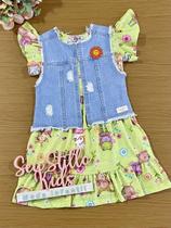 Vestido Infantil Kukie Verão Verde Animais Com Colete Jeans