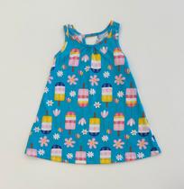 Vestido Infantil Kyly Azul Estampado Picolés e Flores Coloridas Conforto Verão Vestido Infantil Kyly Azul Estampado Picolés e Flores Coloridas Conforto Verão
