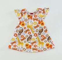 Vestido Infantil Kyly Branco Estampado Animais da Selva Flores e Borboletas Algodão Confortável Moda Kids Verão