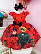 Vestido Infantil LadyBug e Amigos Vermelho Com Broche super luxo festa 3250VM