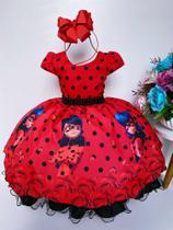 Vestido Infantil Ladybug Vermelho C/ Preto Cinto de Pérolas super luxo festa 0012LB