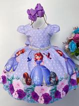 Vestido infantil lilás bolinhas princesa sofia cinto pérolas