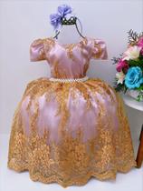 Vestido Infantil Lilás C/ Renda Dourada Realeza Pérolas Luxo Festa 2134LI