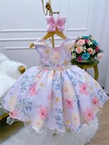 Vestido infantil lilás colorido jardim das flores pérolas