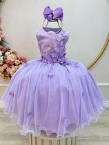 Vestido Infantil Lilás com Renda e Aplique de Flores Daminha