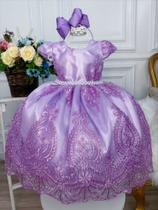 Vestido Infantil Lilás Com Renda Realeza e Cinto de Pérolas luxo festa 4610LL