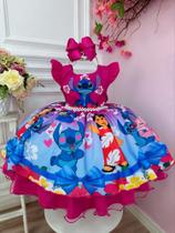 Vestido Infantil Lilo e Stitch e Amigos Pink C/ Perolas Festas - tam 4