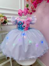 Vestido Infantil Lilo Stitch Angel Rosa Tule Azul Glitter com Led Luxo Festa