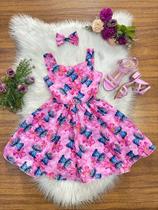 Vestido Infantil Lilo Stitch e Angel com Laço Rosa Temático