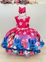 Vestido Infantil Lilo Stitch e Angel Pink Colorido Festas Luxo