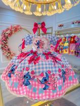 Vestido Infantil Lilo Stitch e Angel Xadrez Azul para Festas