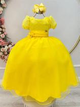 Vestido Infantil Longo Amarelo com Aplique de Broche em Flor para Daminhas de Festas