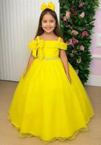 Vestido Infantil Longo Amarelo para Formatura com Tule e Glitter para Festa