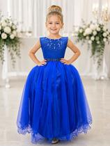 Vestido Infantil Longo Azul Royal com Pérolas para Damas de Honra