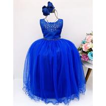 Vestido Infantil Longo Azul Royal Escuro Marinho Formatura Festa Casamento Dama Daminha Florista Rodado Menina Florista