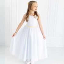 Vestido Infantil Longo Branco com Tule e Cinto Amarelo Daminha Casamento Festa Florista REF4193
