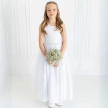 Vestido Infantil Longo Branco com Tule e Cinto Branco Daminha Casamento Festa Florista REF4193 Vestido Infantil Longo Branco com Tule e Cinto Branco Daminha Casamento Festa Florista REF4193