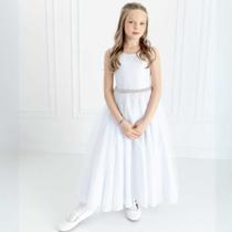 Vestido Infantil Longo Branco com Tule e Cinto Prata Daminha Casamento Festa Florista REF4193