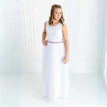 Vestido Infantil Longo Branco com Tule e Cinto Rose Daminha Casamento Festa Florista REF4193 Vestido Infantil Longo Branco com Tule e Cinto Rose Daminha Casamento Festa Florista REF4193