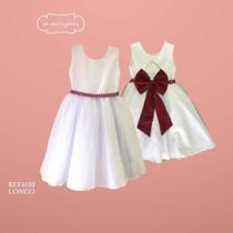 Vestido Infantil Longo Branco com Tule e Cinto Vermelho Marsala Daminha Casamento Festa Florista REF4193