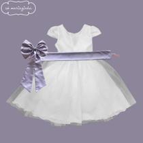 Vestido Infantil Longo Branco com Tule e Faixa Lílas Serenity Daminha Casamento Festa Florista REF4190