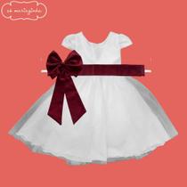Vestido Infantil Longo Branco com Tule e Faixa Marsala Serenity Daminha Casamento Festa Florista REF4190