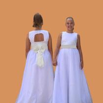 Vestido Infantil Longo Branco FAIXA OFF white bege claro Daminha Casamento Festa Florista REF4072