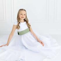 Vestido Infantil Longo Branco Faixa VERDE CHA REF4193