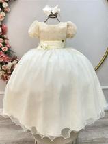 Vestido Infantil Longo Marfim com Aplique de Broche em Flor para Daminhas de Festas