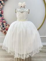 Vestido Infantil Longo Off White com Renda e Pérolas - Damas Luxo