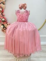 Vestido Infantil Longo Rose C/ Renda e Pérolas Damas luxo festa ROGME4341RC Vestido Infantil Longo Rose C/ Renda e Pérolas Damas luxo festa ROGME4341RC