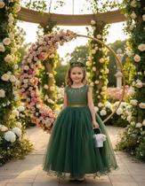 Vestido Infantil Longo Verde Oliva Damas de Honra Pérolas Luxo