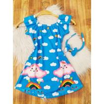 Vestido Infantil Luna Temático Chuva de Amor Azul +Tiara