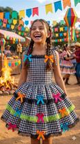 Vestido Infantil Luxo Arraia do Xadrez Preto - Festa Junina Vestido Infantil Luxo Arraia do Xadrez Preto - Festa Junina