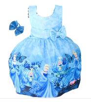 Vestido Infantil Luxo Cinderela Meninas Princesa Azul Tiara